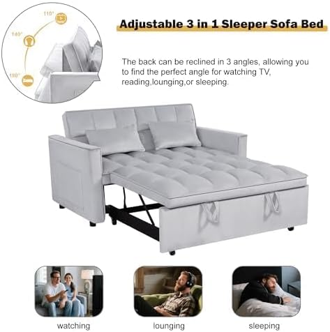3 in 1 Convertible Sleeper Sofa Bed, Velvet Fabric Loveseat Sofa Bed with Adjustable Backrest & Large Side Pockets, Pull Out Couch for Small Spaces, Apartment, Living Room, Gray
