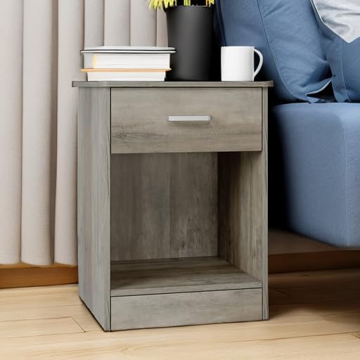 FOTOSOK Nightstand Set of 2, 2-Tier Side Table with Drawer and Storage Shelf, Bedside Table End Table, Modern Night Stand for Bedroom, Home Office,Vintage Grey