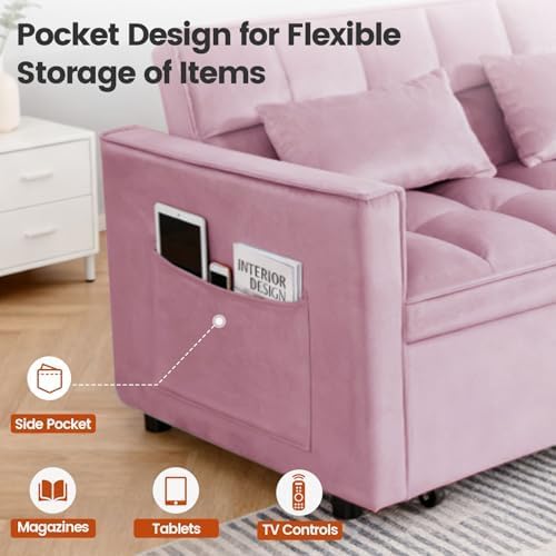 Convertible Sofa Bed, Pull Out Couch with Side Pockets, 3 in 1 Velvet Fabric Loveseat Sleeper Sofa Bed, Pull Out Couch with Adjustable Backrest for Living Room, Bedroom, Apartment, Pink