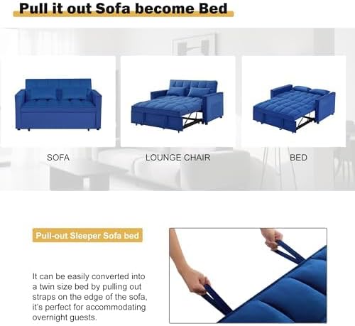 3 in 1 Convertible Sleeper Sofa Bed, Velvet Fabric Loveseat Sofa Bed with Adjustable Backrest & Large Side Pockets, Pull Out Couch for Small Spaces, Apartment, Living Room, Blue