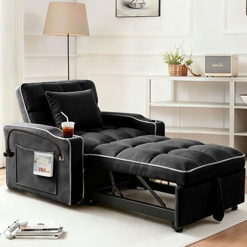 Sleeper Chair, Convertible Pull Out Chair Sleeper with Bracket and Cup Holder, Chairs Bed Sleepers with USB Ports for Adults, 3 in 1 Single Sofa Bed for Small Spaces, Living Room, Black