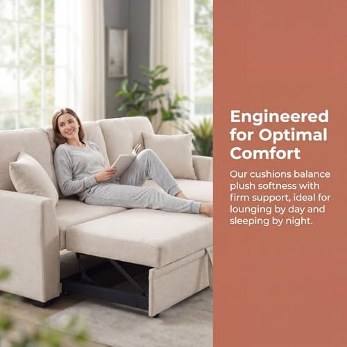 Convertible Sofa Bed, L Shape Sleeper Sofa with Reversible Storage Chaise, Tufted Fabric Sectional Sleeper Sofa with Pull Out Bed for Small Space, Living Room, Apartment, Almond