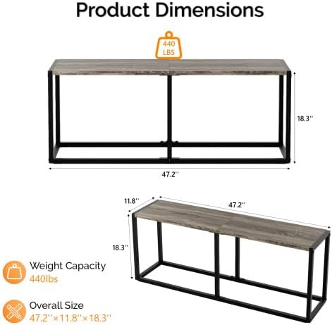 VINGLI Industrial Dining Bench for Dining Room, 47.2 Inch Gray Kitchen Table Bench Heavy-Duty Metal Frame, Dining Table Bench with Non-Slip Foot Pads for Entryway, Living Room & Small Spaces
