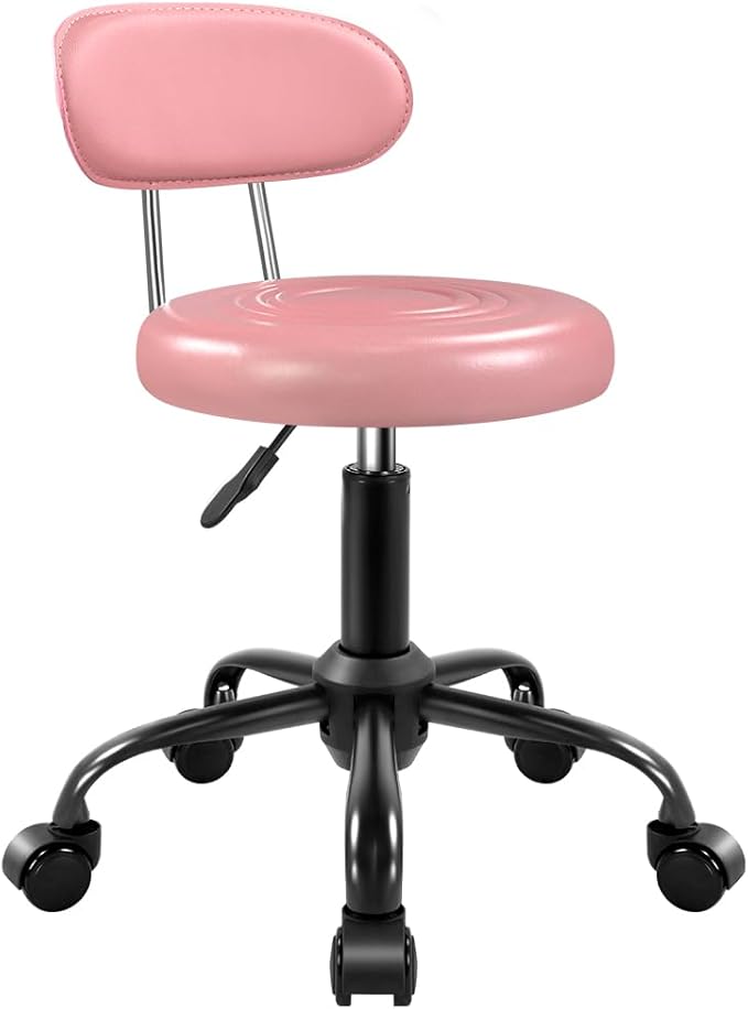 WKWKER Rolling Stool with Wheels Swivel Stool with Back Height Adjustable Chair Ideal for SPA Salon Home Office Drafting Work (Pink)