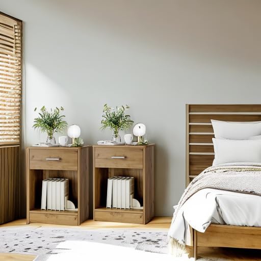 FOTOSOK Nightstand Set of 2, Wood Night Stand Side Table with Drawer and Storage Shelf, Bedside Table End Table, Night Stand for Bedroom, Home Office,Wooden Grain