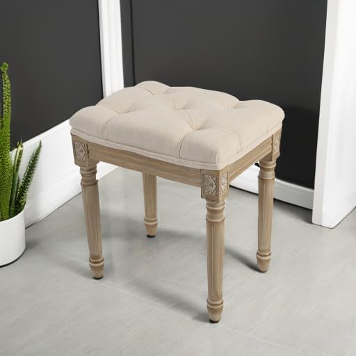 Yusong Vanity Stool Upholstered Bench Seat for Makeup Room, Vintage Small Bedroom Bench Dining Bench with Tufted Fabric for Living Room, Piano Stool with Rustic Wood, Easy Assemble,Beige