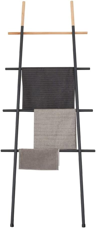 Freestanding Towel Ladder Rack, Space Saving, No-Scratch Wood, for Household Use (Black)
