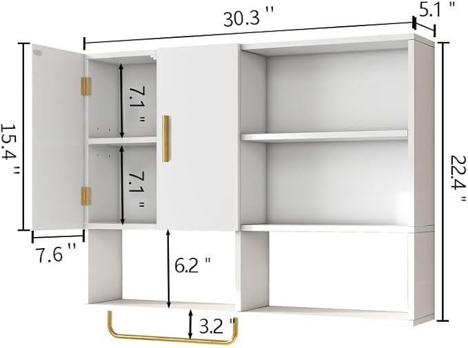 Bathroom Wall Cabinet Wood Large Wall Mounted Medicine Cabinet with 2 Doors and 4 Open Shelves Over Toilet Storage Cabinet Organizer with Towel Bar,White