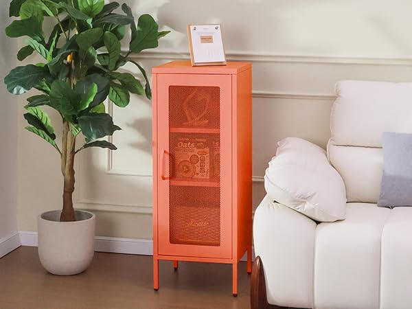 Slim Metal Storage Cabinet with Mesh Doors - 42'' Tall Narrow Organizer Tower, Compact Freestanding Cabinet, Versatile Utility Storage for Home, Office, Kitchen, Living Room, Durable and Modern Design