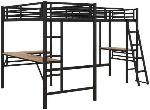 Harper & Bright Designs Twin Size Loft Bed with L-Shaped Desk, Metal Loft Bed Frame with Ladder for Kids Teens Boys Girls, No Box Spring Needed, Space Saving, Black