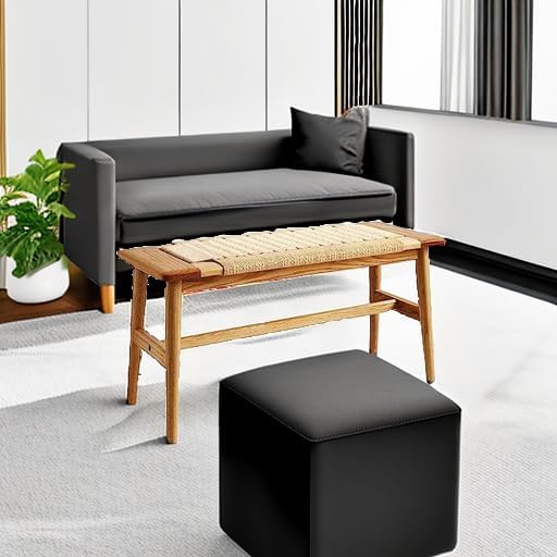 100% Solid Oak Wood Bench,Hand Woven Design,Solid Mortise and Tenon Construction-Solid Structure of Chair Legs,Woven Rattan Entryway Benchs/Dining Bench (Natural Oak,31.49”*11.81”*15.98”)
