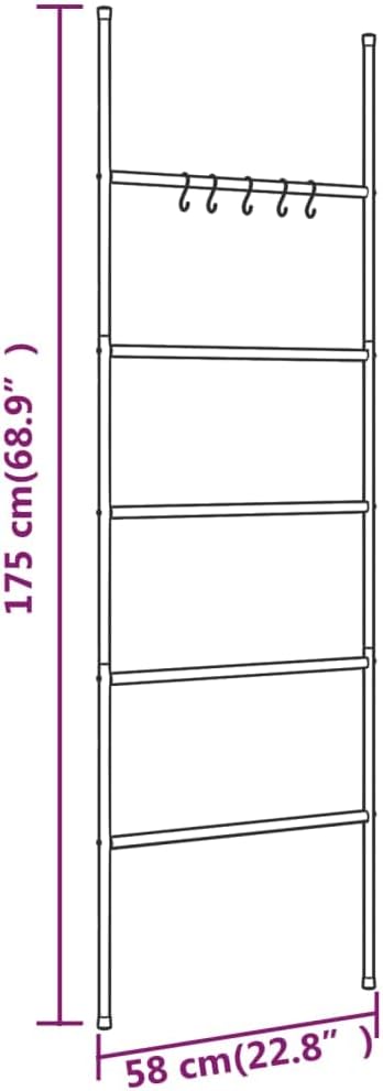 vidaXL Towel Rack Ladder with 5 Tiers Black 22.8x68.9 Iron