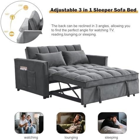 3 in 1 Convertible Sleeper Sofa Bed, Velvet Fabric Loveseat Sofa Bed with Adjustable Backrest & Large Side Pockets, Pull Out Couch for Small Spaces, Apartment, Living Room, Dark Gray