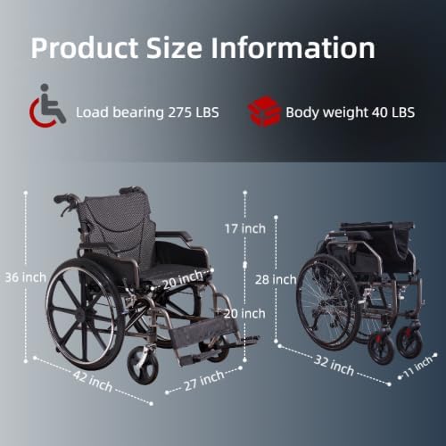 Lightweight Foldable Manual Wheelchair for Adults with 20" Seat & 275 lbs Capacity - Front/Rear Locking Brakes, 24" Quick-Release PU Wheels, Removable Footrest (Nano Gray)