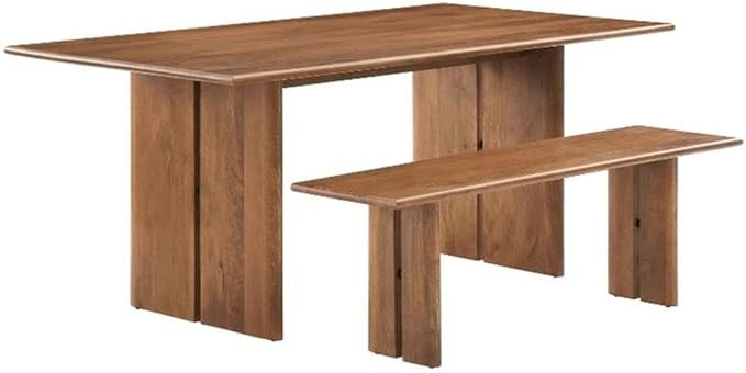 Modway Amistad 72" Solid Wood Modern Farmhouse Rectangular Dining Table and Bench Set in Walnut