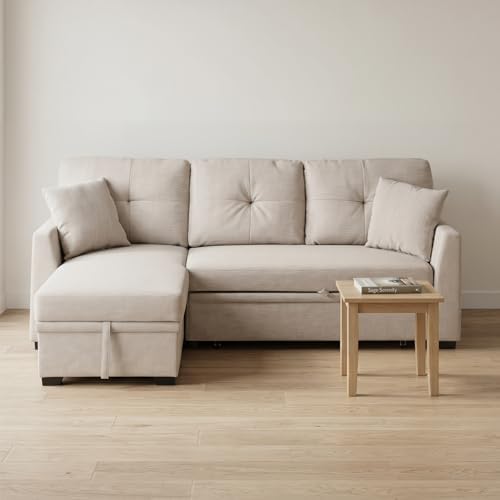Convertible Sofa Bed, L Shape Sleeper Sofa with Reversible Storage Chaise, Tufted Fabric Sectional Sleeper Sofa with Pull Out Bed for Small Space, Living Room, Apartment, Almond