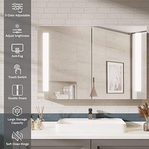 36×24 Inch Bathroom Medicine Cabinet, LED Lighted Medicine Cabinet with Mirror, Double Door Bathroom Vanity Mirror with Storage, 3 Color Light, Defogger, Dimmer, Surface Mount