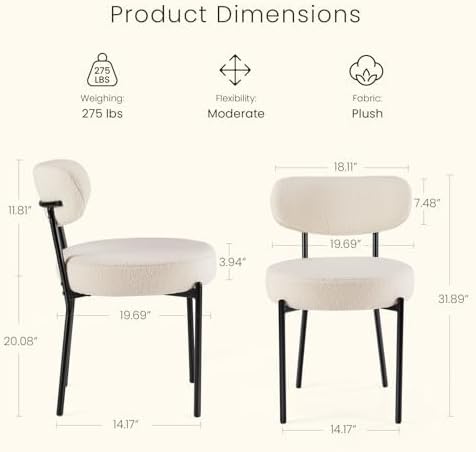 DUMOS Dining Chairs Set of 2, Mid Century Modern Chair Round Upholstered Curved Backrest, Kitchen Vanity Living Room Chairs with Black Metal Legs，Light Beige