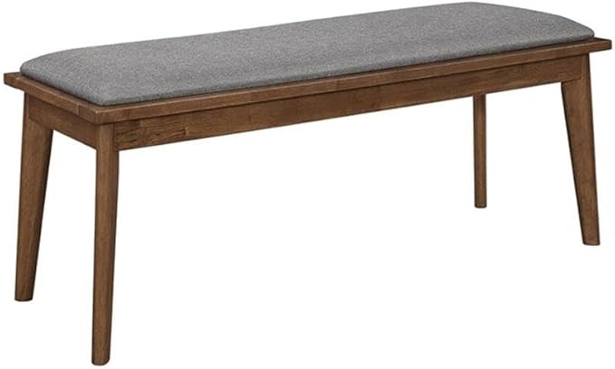 MAKLAINE 6-Piece Wood Dining Room Set, Natural Walnut Finish, Gray Upholstered Seats, Solid Asian Hardwood, Mid-Century Modern Design, Includes Table, 4 Chairs, Bench, Family Dining Room Furniture
