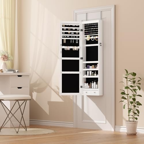 Elevon 6 LEDs Jewelry Cabinet Organizer, 47.2-inch Jewelry Armoire with Full-Length Mirror, Wall or Door Mounted Jewelry Storage, Lockable Large Capacity Storage, White