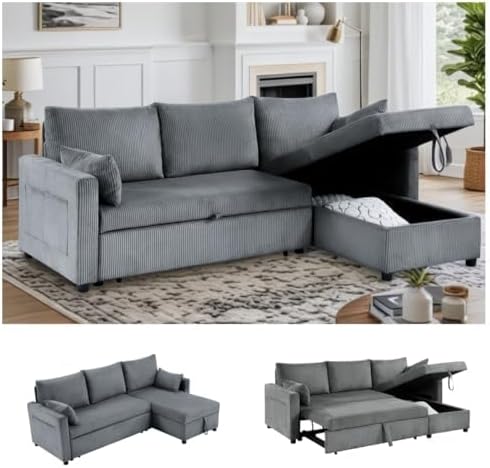 Sectional Sleeper Sofa with Pull Out Bed, L Shape Convertible Sofa Bed Couch with Storage Chaise, 3 in 1 Pull Out Sofa Bed with 3 Seats for Living Room,Apartment, Gray, 85Inch
