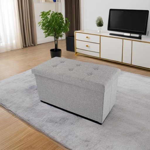 Lavish Home Folding Storage Ottoman - 30-Inch Tufted Footrest, Linen Chest, or Bench with Removable Bin for Living Room, Bedroom, or Dorm (Light Gray)
