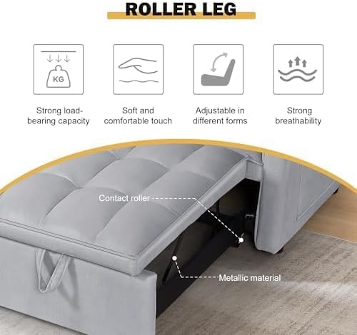 3 in 1 Convertible Sleeper Sofa Bed, Velvet Fabric Loveseat Sofa Bed with Adjustable Backrest & Large Side Pockets, Pull Out Couch for Small Spaces, Apartment, Living Room, Gray