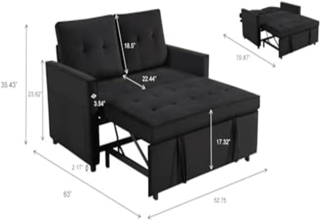Convertible Sofa Bed, Pull Out Couch with Side Pockets, 3 in 1 Velvet Fabric Loveseat Sleeper Sofa Bed, Pull Out Couch with Adjustable Backrest for Living Room, Bedroom, Apartment, Light Gray