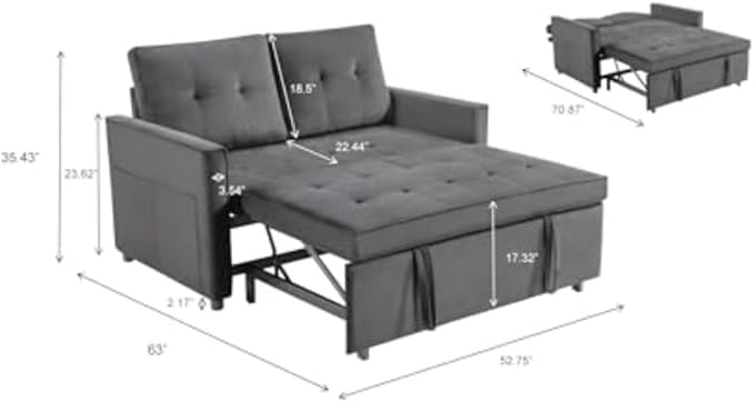 Convertible Sofa Bed, Pull Out Couch with Side Pockets, 3 in 1 Velvet Fabric Loveseat Sleeper Sofa Bed, Pull Out Couch with Adjustable Backrest for Living Room, Bedroom, Apartment, Black