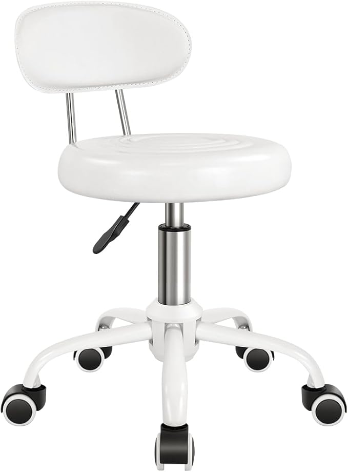 WKWKER Rolling Stool with Wheels Swivel Stool with Back Height Adjustable Chair PU Leather Rolling Chair Ideal for SPA Salon Home Office Drafting Work (White)