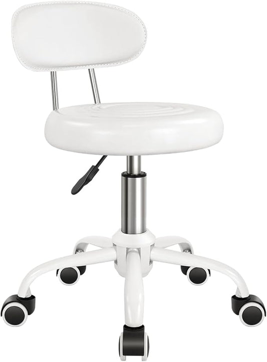 WKWKER Rolling Stool with Wheels Swivel Stool with Back Height Adjustable Chair PU Leather Rolling Chair Ideal for SPA Salon Home Office Drafting Work (White)