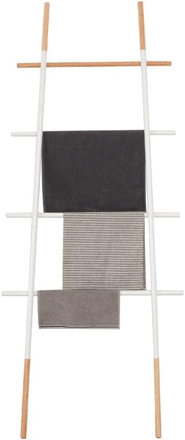 Freestanding Towel Ladder Rack, Space Saving, No-Scratch Wood, for Household Use, White