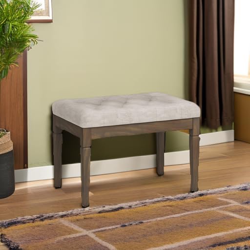 SIMPLIHOME Waverly Small Tufted Ottoman Bench - 28 inch Wide Upholstered Linen Look Fabric Rectangle Footstool Ottoman in Natural, Traditional Bench for Bedroom or Living Room with Carved Legs