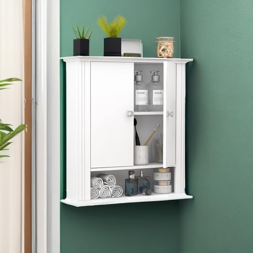White Bathroom Wall Cabinet, Over the Toilet Storage Cabinet, Bathroom Cabinet Wall Mount, 2 Doors & Hooks, Medicine Cabinet Organizer, Hanging Wall Cabinet Cupboard for Kitchen Laundry Room White