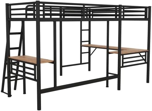 Harper & Bright Designs Twin Size Loft Bed with L-Shaped Desk, Metal Loft Bed Frame with Ladder for Kids Teens Boys Girls, No Box Spring Needed, Space Saving, Black