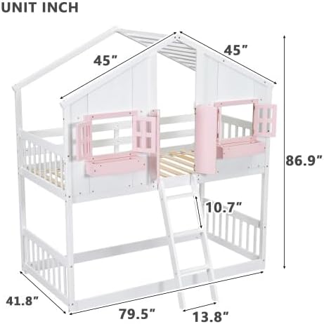 Twin Over Twin Floor House Bunk Bed with Roof and Window, Storage Box, Low Loft Bunker Bed for Small Space, No Box Spring Needed for Kids Girls Boys, Pink/White