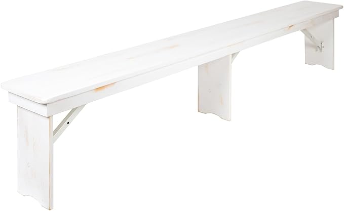 Flash Furniture Hercules Commercial Grade Farmhouse 3 Leg Bench - Solid Pine Foldable Bench with Seating for 4 - 8'x12" - Antique Rustic White