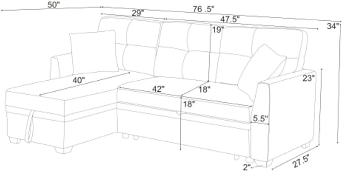 Convertible Sofa Bed, L Shape Sleeper Sofa with Reversible Storage Chaise, Tufted Fabric Sectional Sleeper Sofa with Pull Out Bed for Small Space, Living Room, Apartment, Charcoal Black