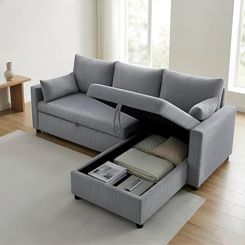 Sectional Sleeper Sofa with Pull Out Bed, L Shape Convertible Sofa Bed Couch with Storage Chaise, 3 in 1 Pull Out Sofa Bed with 3 Seats for Living Room,Apartment, Gray, 85Inch