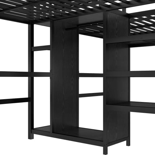 Harper & Bright Designs Twin Metal Loft Bed with Desk and Wardrobe for 2, Double Loft Bed Frame with Storage Shelf and Electrical Outlet, Black