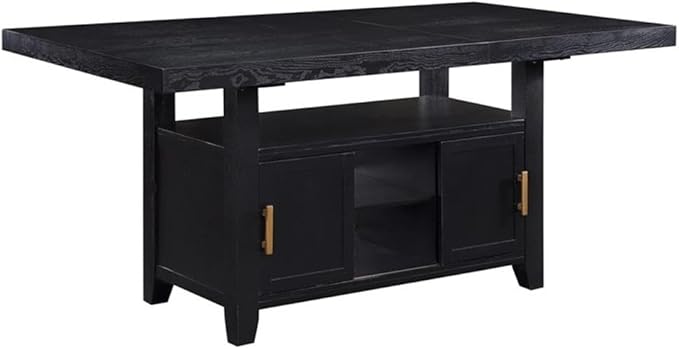 Pemberly Row Rubbed Charcoal Wood Counter Height Storage 6-Piece Dining Set, Acacia Veneers, Oil-Rubbed Brass Accents, Expandable Table, Bench and Chairs with Durable Fabric for Dining Room