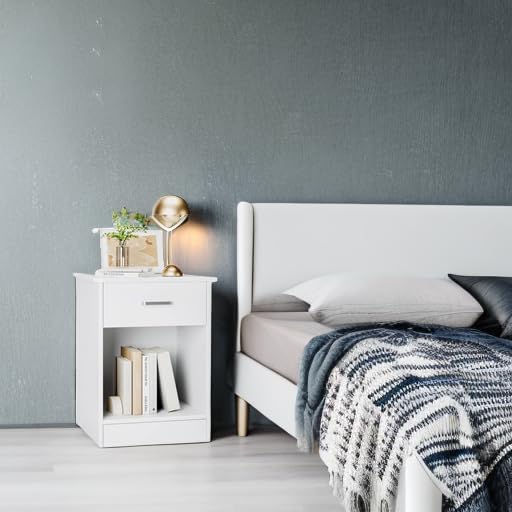 FOTOSOK Nightstand, 2-Tier Side Table with Drawer and Storage Shelf, Bedside Table End Table, Modern Night Stand for Bedroom, Home Office, White