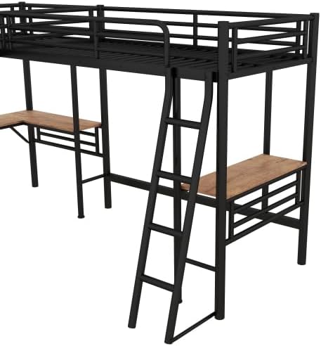 Harper & Bright Designs Twin Size Loft Bed with L-Shaped Desk, Metal Loft Bed Frame with Ladder for Kids Teens Boys Girls, No Box Spring Needed, Space Saving, Black
