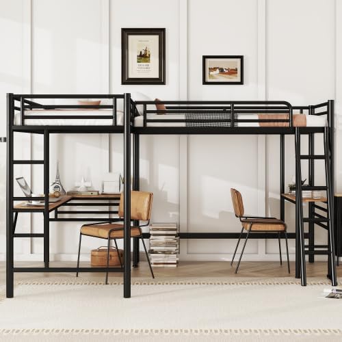 Harper & Bright Designs Twin Size Loft Bed with L-Shaped Desk, Metal Loft Bed Frame with Ladder for Kids Teens Boys Girls, No Box Spring Needed, Space Saving, Black