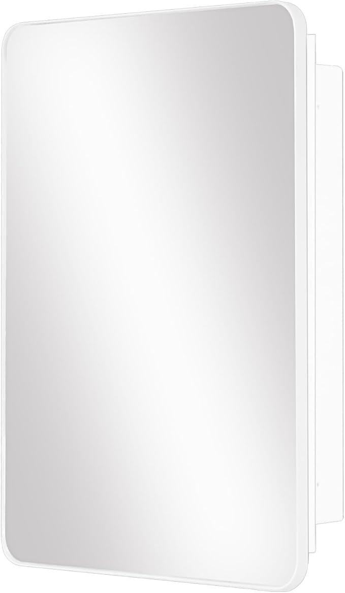 Fundin White Plastic Medicine Cabinet, Mirror Door with Round Corner Metal Frame, Recessed and Surface Mount Bathroom Wall Medicine Cabinet, 16 x 22 inch Mirror Size