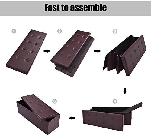 Folding Storage Ottoman Bench, 45" Large Ottoman Space-Saving Bench,Faux Leather Storage Chest with Memory Foam,Footrest Padded Stool Seat for Bedroom Toy Chest, Brown,Leather