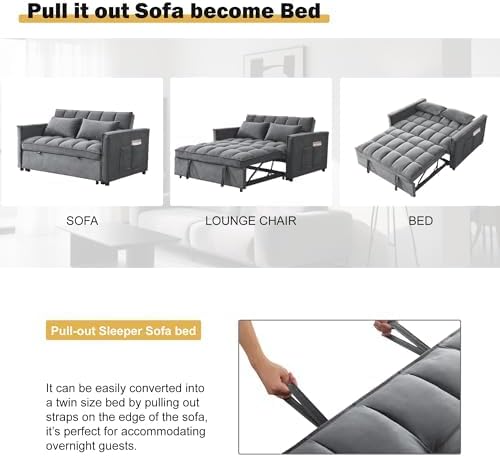 3 in 1 Convertible Sleeper Sofa Bed, Velvet Fabric Loveseat Sofa Bed with Adjustable Backrest & Large Side Pockets, Pull Out Couch for Small Spaces, Apartment, Living Room, Dark Gray