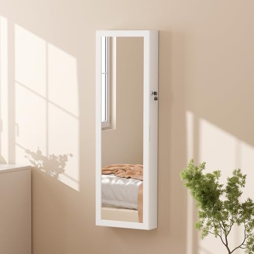 Elevon 6 LEDs Jewelry Cabinet Organizer, 47.2-inch Jewelry Armoire with Full-Length Mirror, Wall or Door Mounted Jewelry Storage, Lockable Large Capacity Storage, White