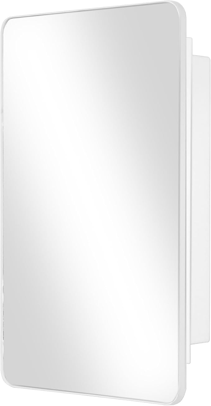 Fundin White Plastic Medicine Cabinet, Mirror Door with Round Corner Metal Frame, Recessed and Surface Mount Bathroom Wall Medicine Cabinet, 16 x 24 inch Mirror Size