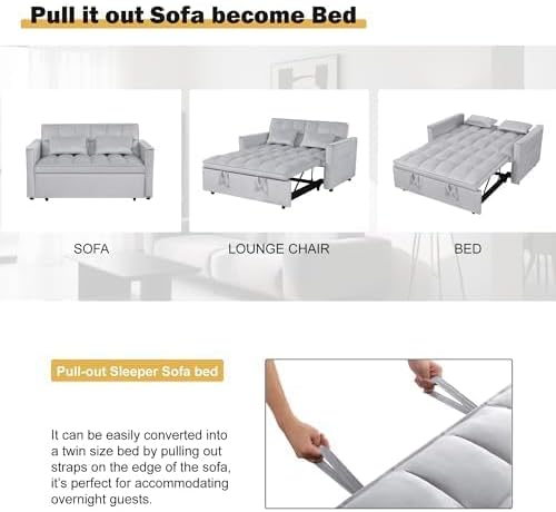 3 in 1 Convertible Sleeper Sofa Bed, Velvet Fabric Loveseat Sofa Bed with Adjustable Backrest & Large Side Pockets, Pull Out Couch for Small Spaces, Apartment, Living Room, Gray